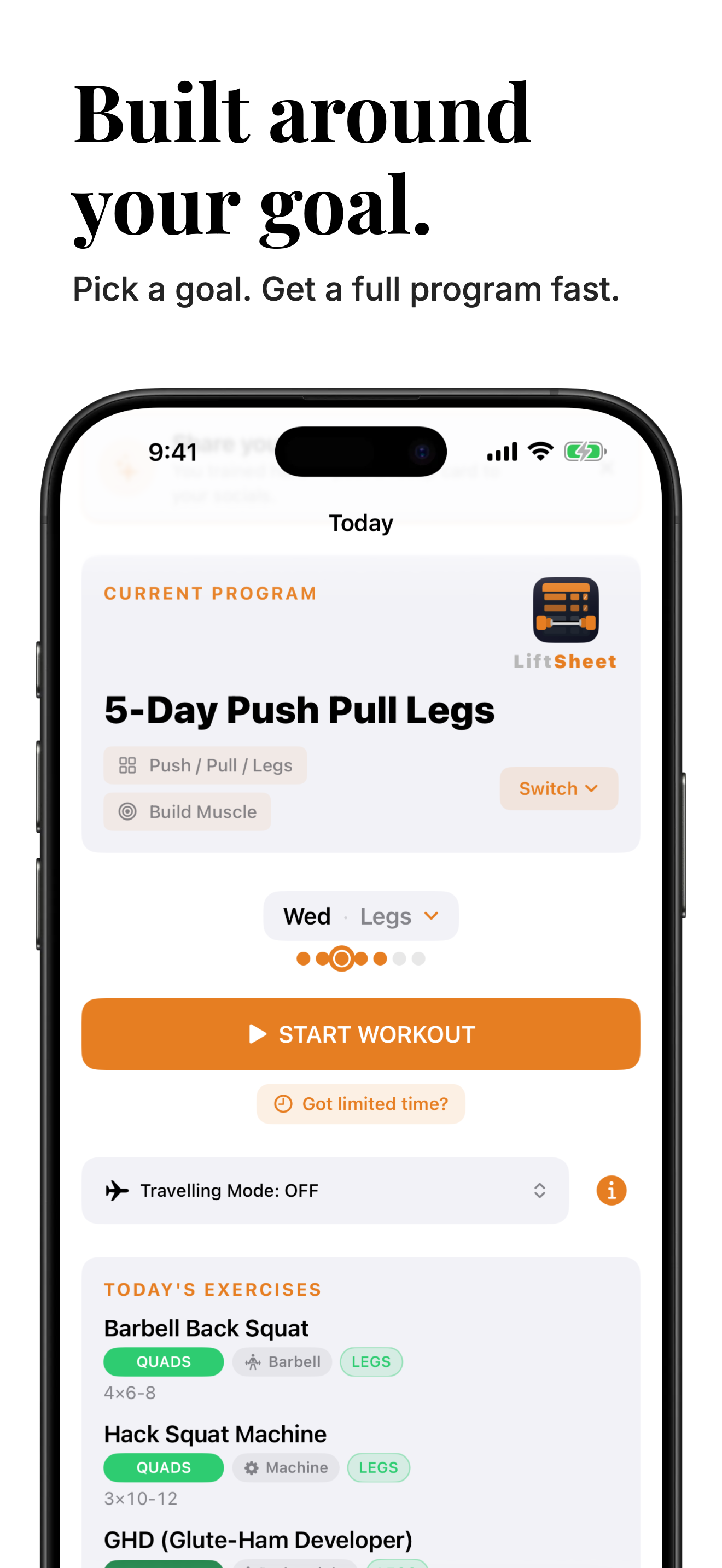 Built around your goal — home screen showing today's active program with Start Workout