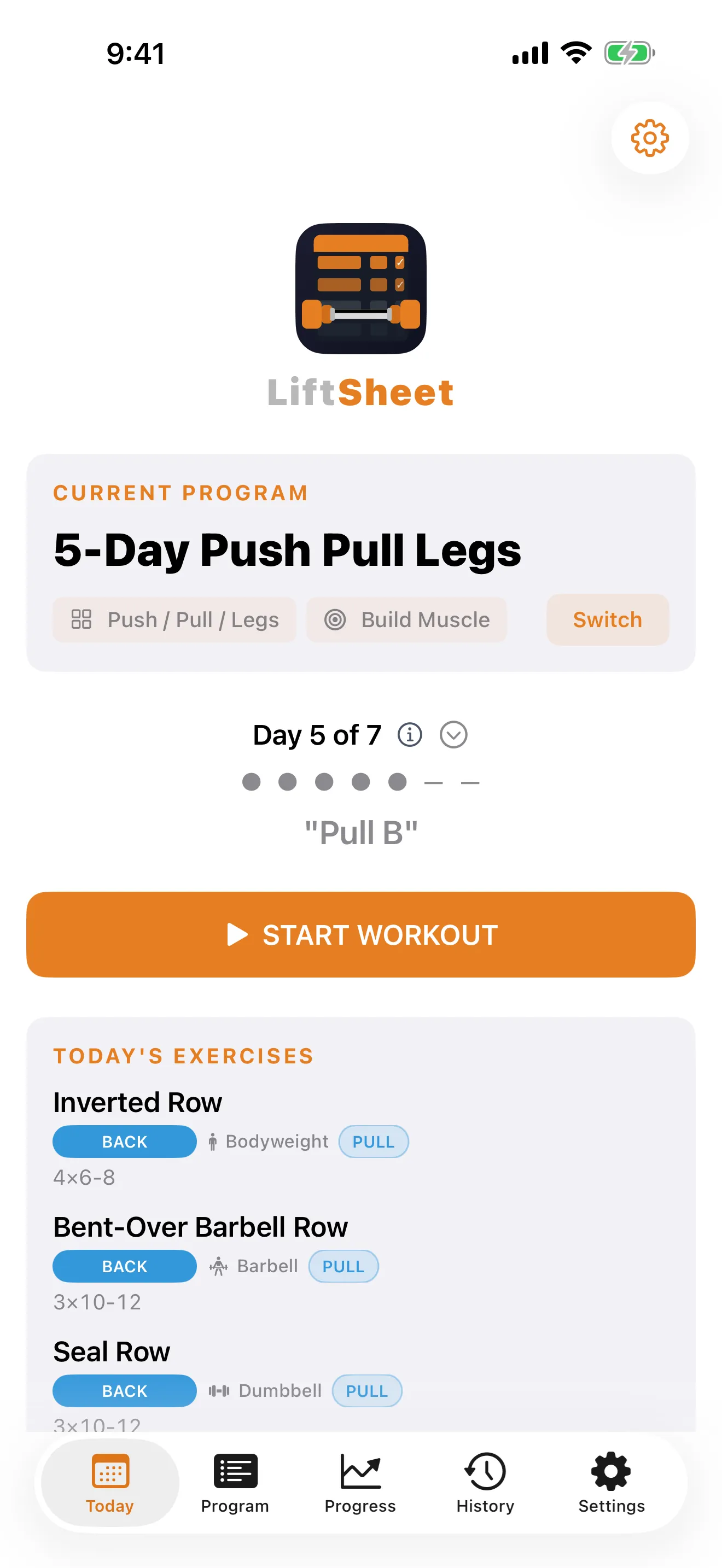 LiftSheet home screen