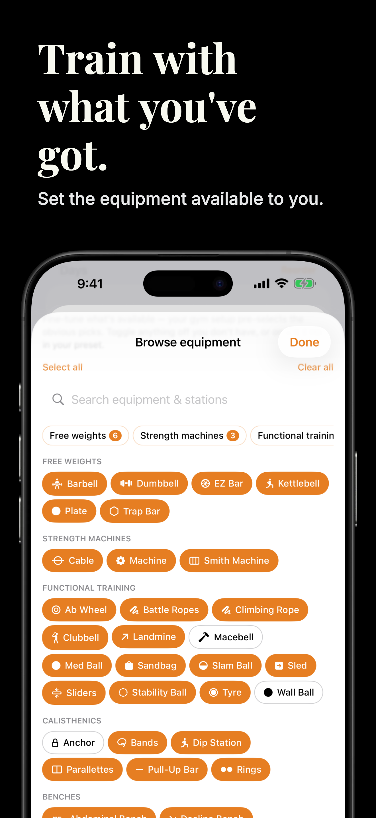Train with what you've got — equipment browser with chips for barbells, machines, and functional kit