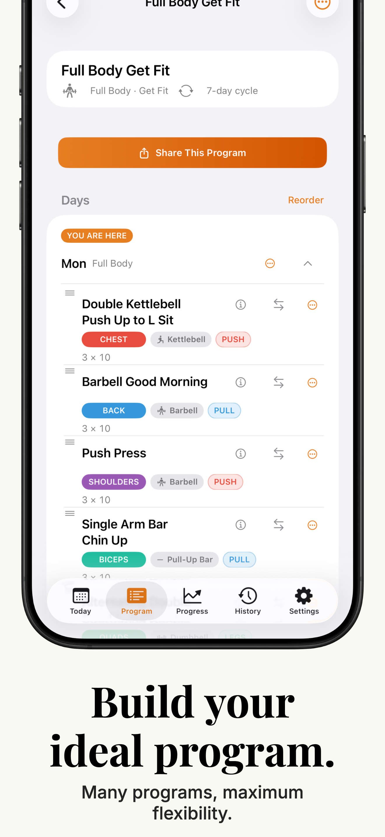 Build your ideal program — program detail screen listing exercises across a full body day