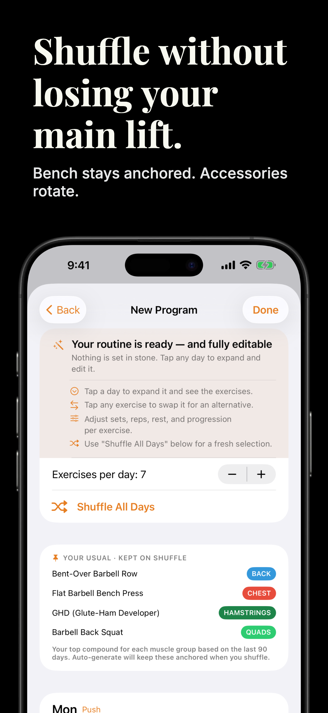Shuffle without losing your main lift — anchor preview with Shuffle All Days