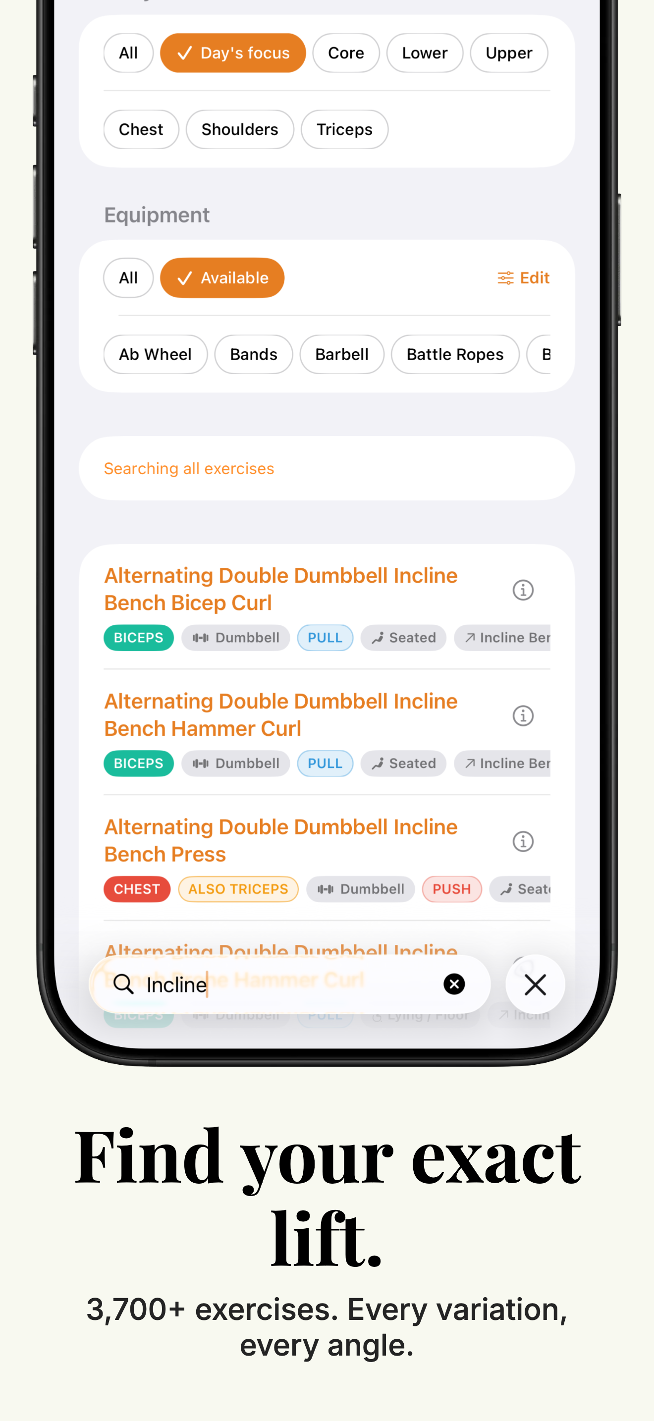 Find your exact lift — exercise picker showing incline variations after a search
