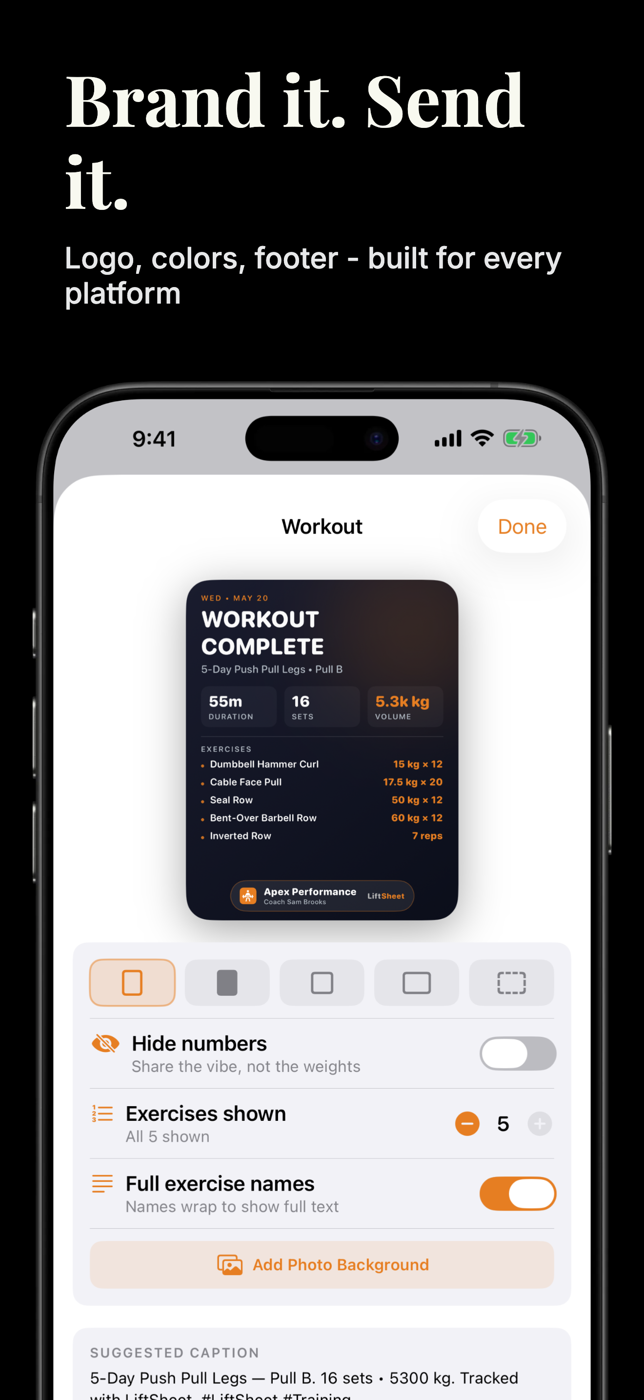 Brand it. Send it — share card editor with trainer logo, footer, and format options
