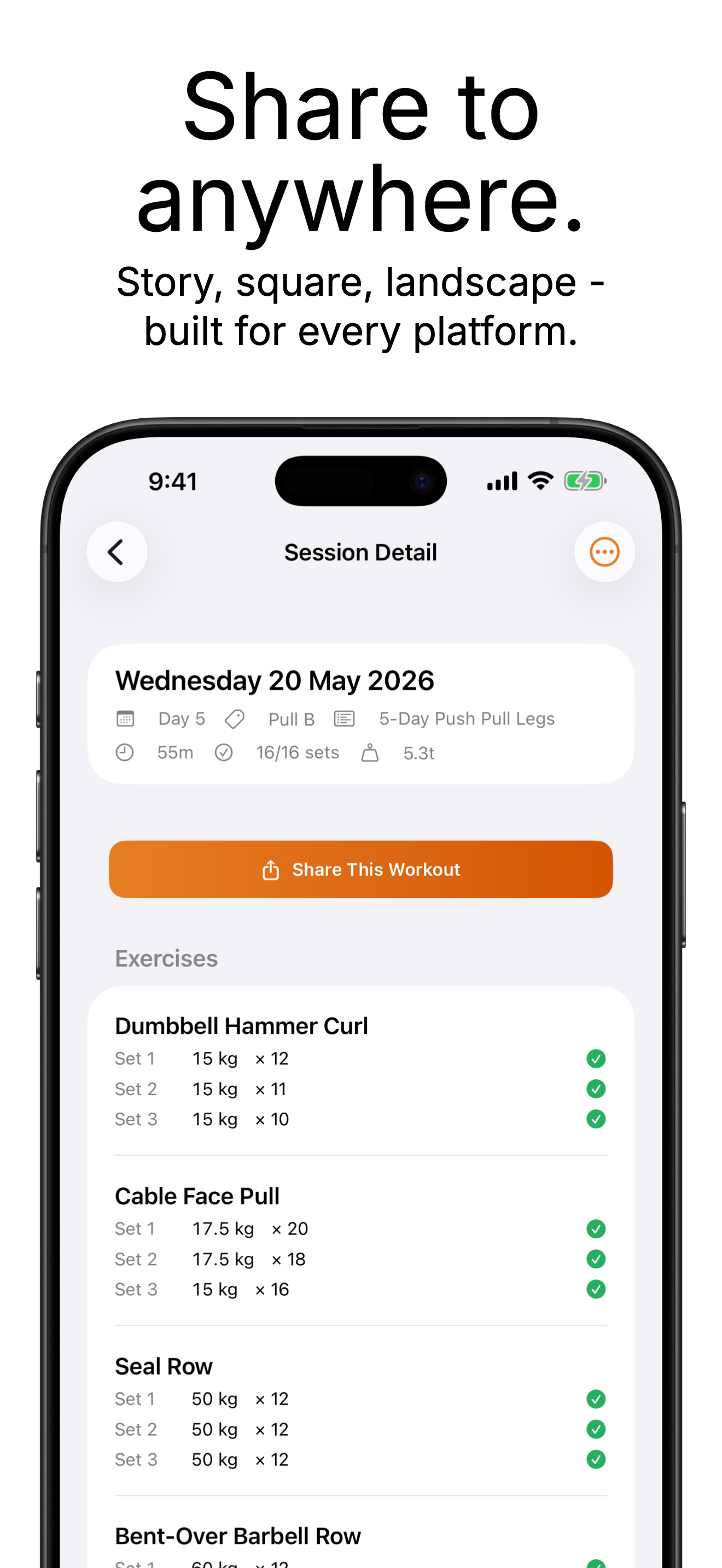 Share to anywhere — session detail screen with Share This Workout and full set list