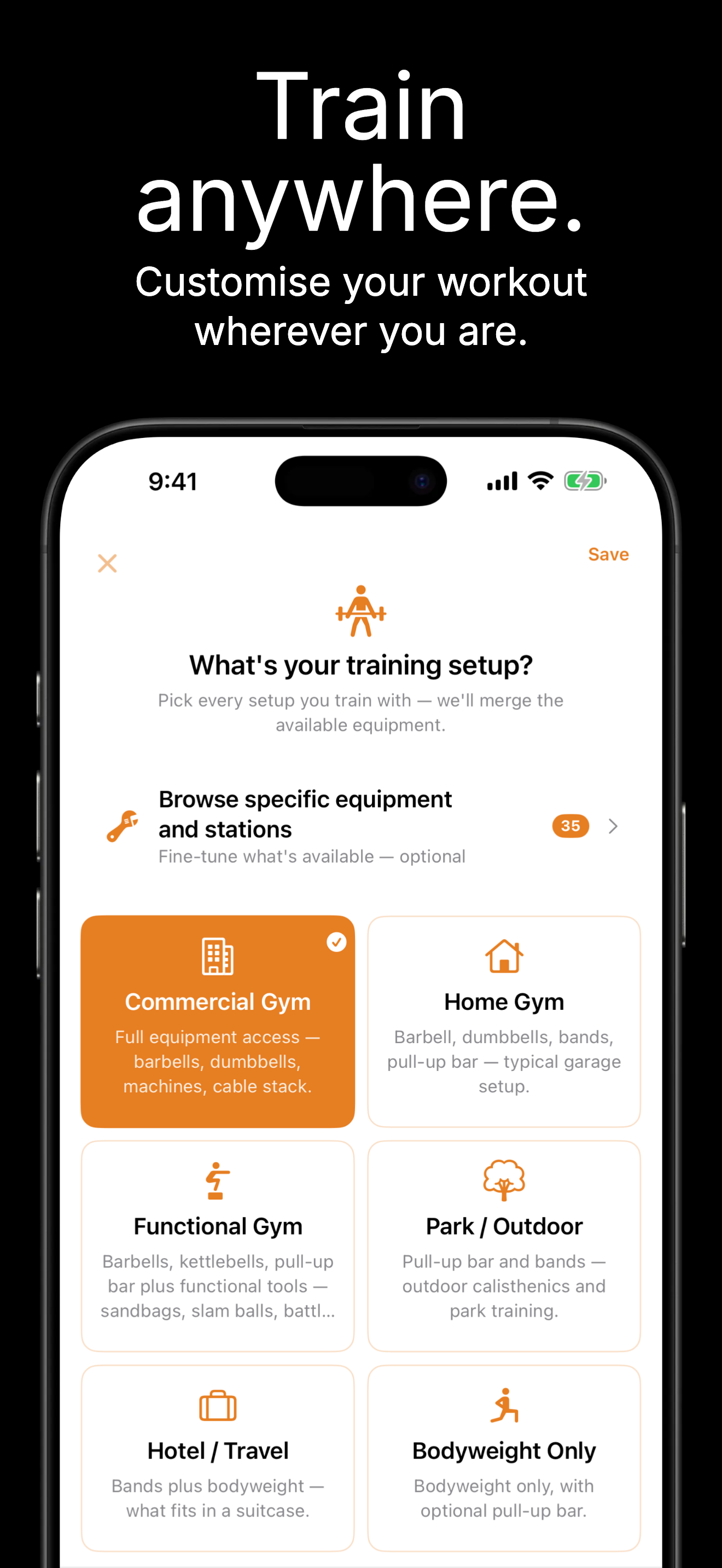 Train anywhere — training setup picker with kit options from Commercial Gym to Bodyweight Only